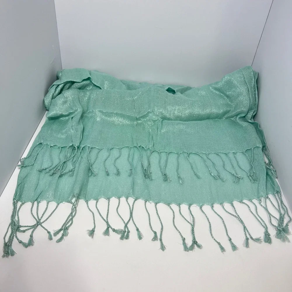 Mint Green Shimmer Wrap Scarf Women Fringed Metallic Evening Shawl 26